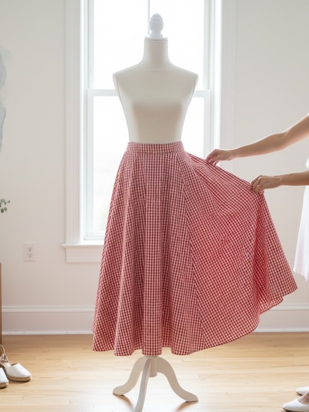 SHEIN Red Gingham Full Midi Skirt